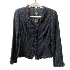 Carmen Marc Valvo Black Beaded Lace Jacket Blazer Womens 8 Formal Victorian Zip